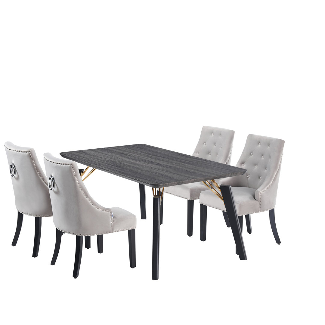 Paulus 4 Person Dining set - a Rectangular Extendable Dining Table with Metal Legs and a Set of 4 Quilted Ring Knocker Velvet Dining Chairs for Dining