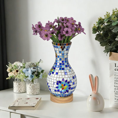 10'' H Mosaic Stained Glass Vase-shaped Table Lamp With Led 3 Color Tri Light Sourced