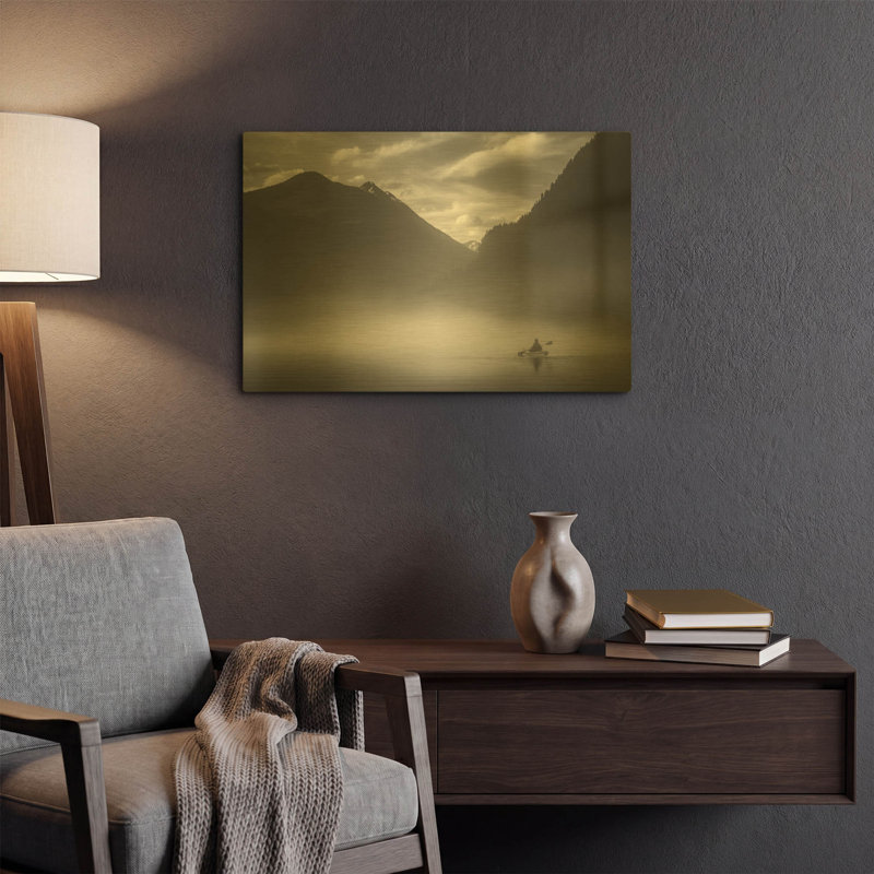 « Kayakiste dans la brume de montagne », œuvre murale en métal doré de Don Schwartz, 61 x 41 cm, 24 po x 16 po