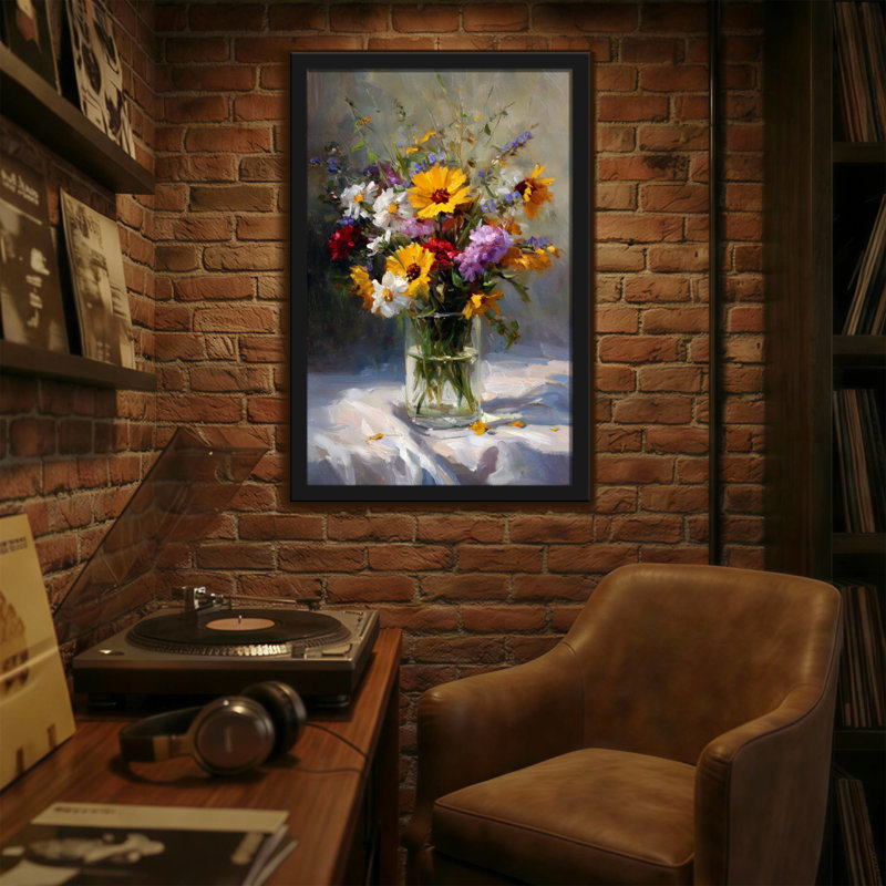 Plants & Flowers Floral Bouquet In Glass Vase On Tablecloth, 18" H x 12" W