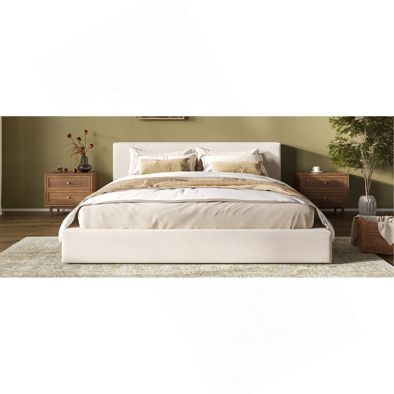 Lit plateforme tapissier avec tête et pied de lit en lin épais, beige