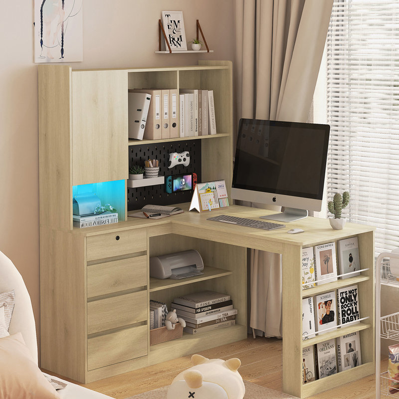 L Shaped Desk With Charger,Computer Desk With Drawers,Bookshelf,With LED Light,Modern Corner Desk,Home Office Desk,L-Shaped Study Table Writing Desk,Corner Gaming Computer Desk With Storage