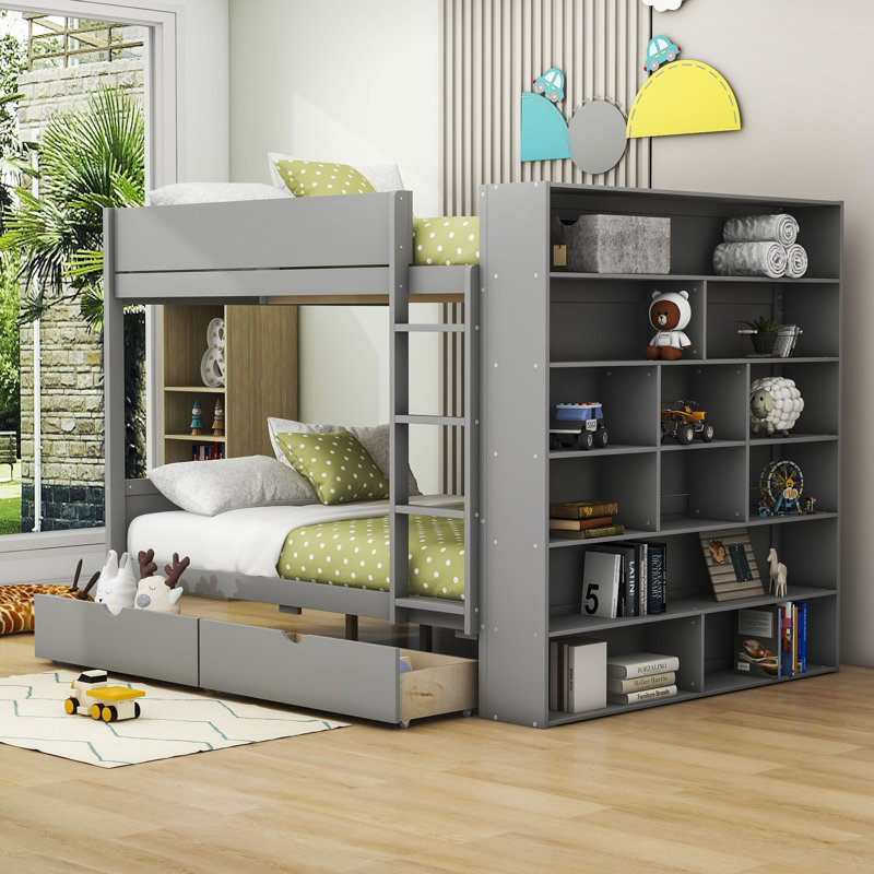 Obryan 2 Drawer Standard Bunk Bed with Shelves by RBParadise, Gray, Full Over Full