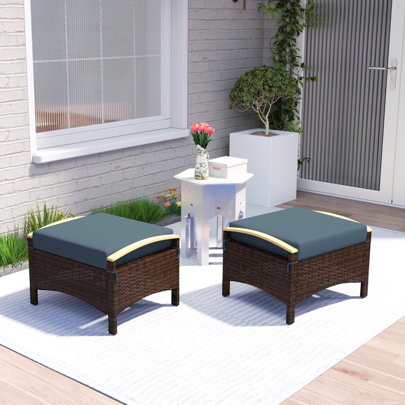 2 Pieces Wicker Outdoor Ottoman Footstool, Removable Cushion, Blue