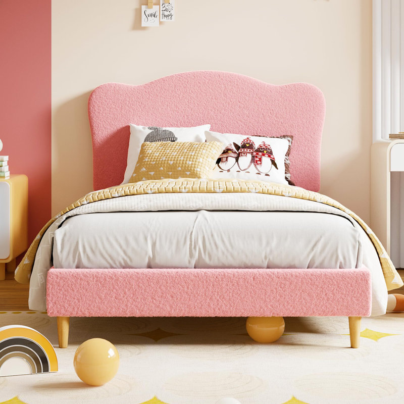 Upholstered Bed Frame For Kids With Scallop Headboard, Twin, Pink
