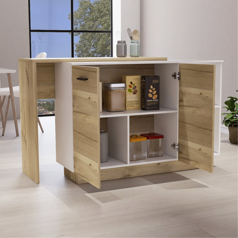 Îlot de cuisine, armoires à deux portes, deux tablettes extérieures, trois tablettes, Blanc