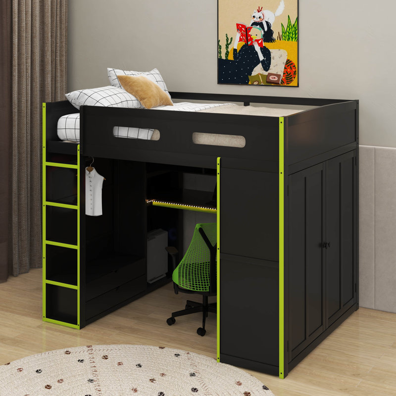 Full Size Wood Loft Bed With Desk,Wardrobe,Ample Storage Space,And RGB LED Light, Black/Green