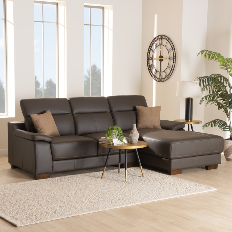 Upholstered L-Shaped Sectional Right Hand Facing, Brown Genuine Leather