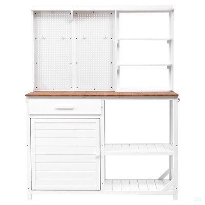 [Assembly Video] TOPMAX Fir Wood Potting Bench With Hutch, Garden Workstation For Planting, 4 Shelves & Adjustable Storage, Pegboard With Hooks, 50.2''Countertop, Drawer & Cabinet, White
