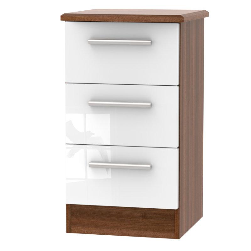 Fully Assembled Yvette 3 Drawer Bedside Table, Walnut / White