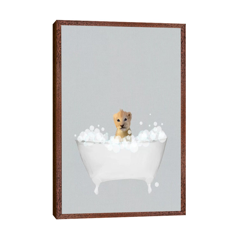 Lion Blue Bath by Leah Straatsma - Painting on Canvas, Classic Brown Wood Floater Framed, 66.04cm H x 45.72cm W x 3.81cm D