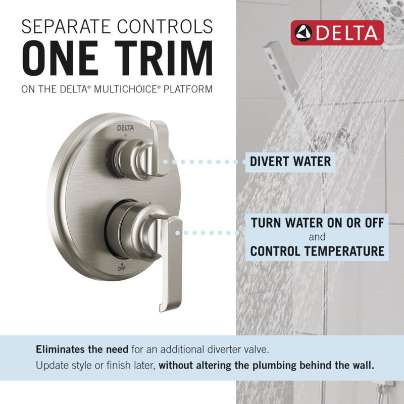 Tetra 14 Series 3-Setting Integrated Diverter Valve Trim Kit, Shower Faucet Diverter Kit, Stainless Steel