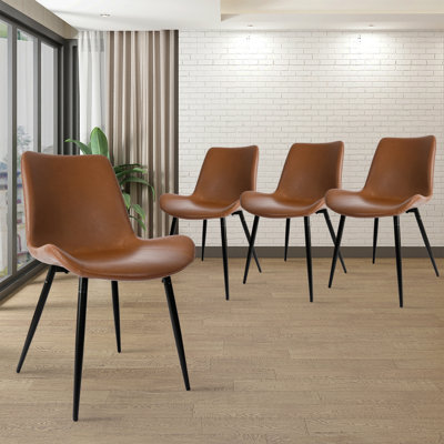 Chaises d'appoint rembourrées en similicuir avec pieds robustes en métal noir, ensemble de 4, brun