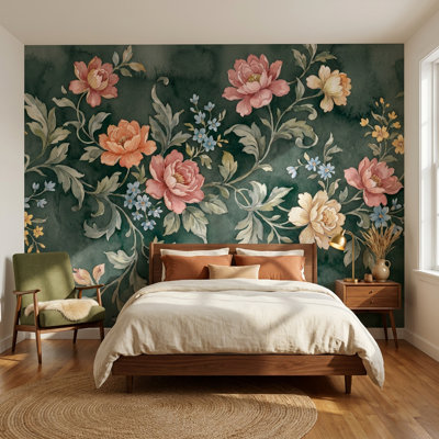 Vintage Floral Wallpaper Green Elegant Wall Mural