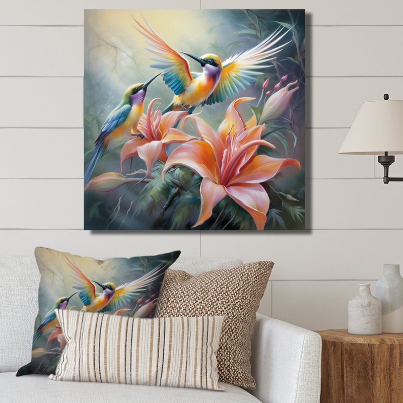 Fleurs tropicales avec un bel oiseau, Toile tendue, H 24 po x l 24 po x P 1 po