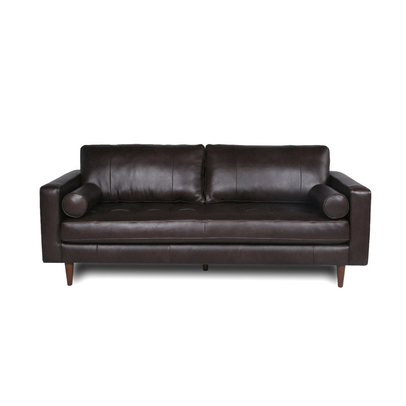 Modern Sofa Mid-Century Tufted Leather Sofa, Espresso