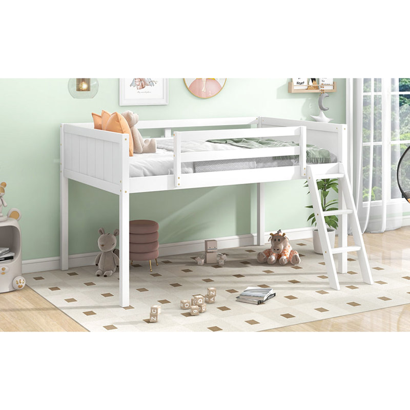 Lit mezzanine simple en bois blanc avec plateforme de taille mobile - Assemblage facile, Lit simple, Blanc
