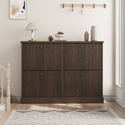 Armoire à chaussures moderne en noyer foncé - 4 tiroirs tournants - Tablettes réglables et amovibles - Unité de rangement autoportante étroite - Conception cannelée peu encombrante - Organisateur de chaussures cachées - Brun noyer foncé