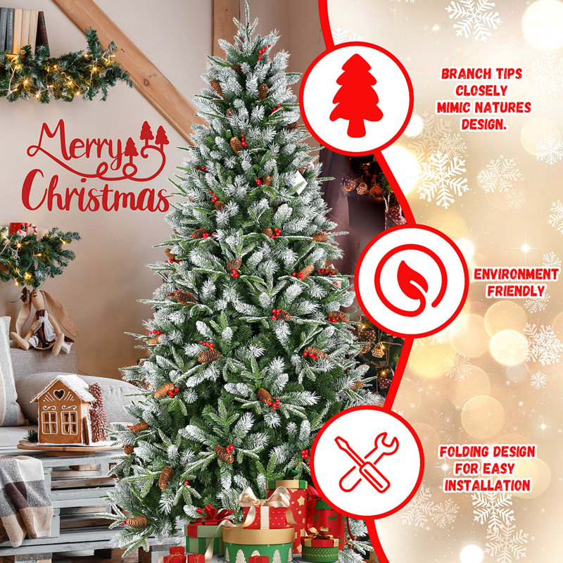 Arbre de Noël 4 pi avec 747 pointes, baies rouges et pommes de pin - Branches PE + PVC enneigées, conception à charnières pour une installation facile, support en métal robuste - Décoration d'arbre de Noël naturelle
