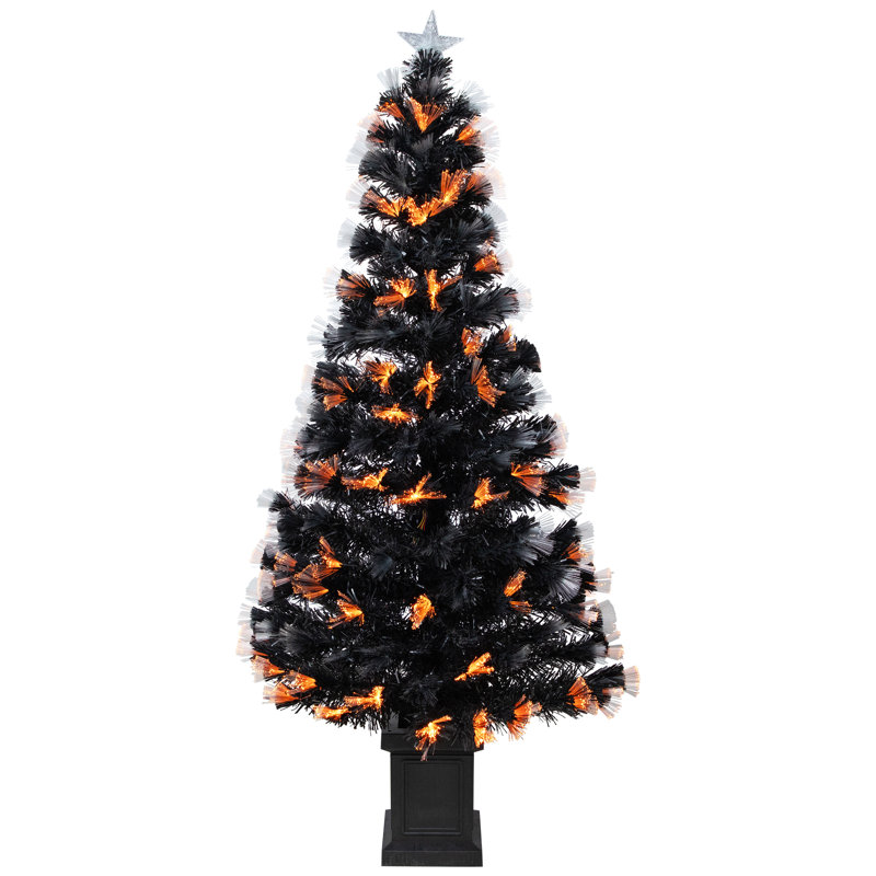 Arbre d'Halloween artificiel en fibre de pin 8 fonctions - 5 pi - noir - orange et mauve à DEL, 60" H x 30" W x 30" D