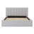 Low-profile upholstered platform bed in light gray with a vertical channel-tufted headboard and wooden slat base.