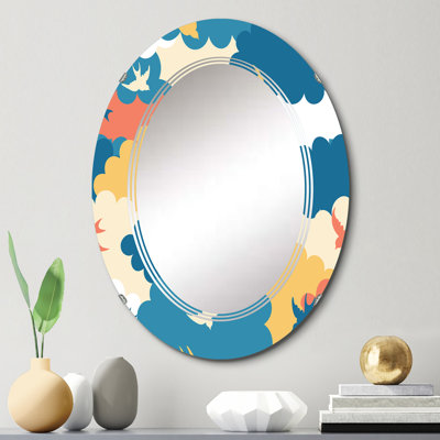 Nuage rouge, bleu et jaune avec petits oiseaux - miroir mural à motif ovale