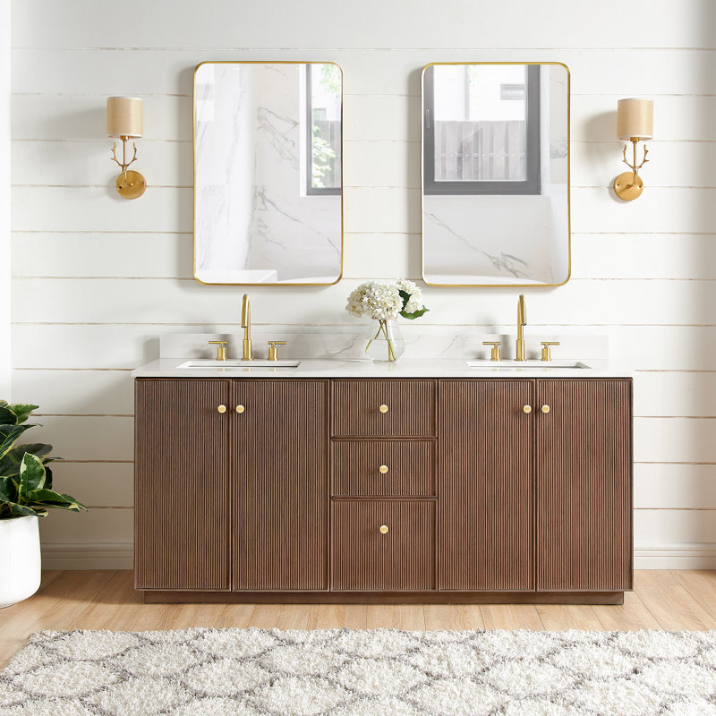 Amella 72'' Free Standing Double Bathroom Vanity with Quartz Top, Dark Brown Oak