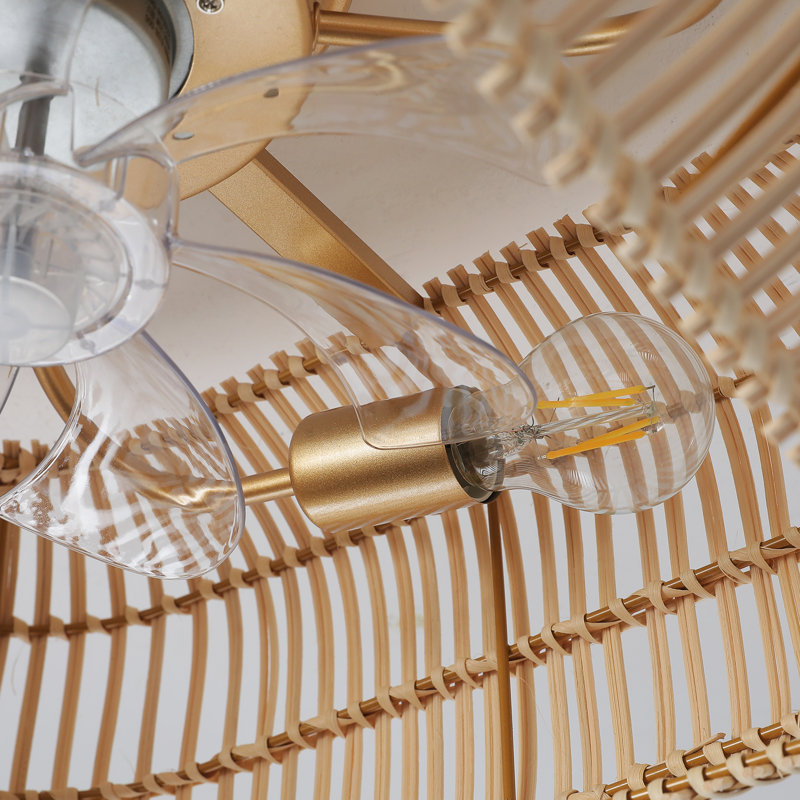 20"Rattan Ceiling Fans with Lights and Remote, Low Profile Boho Ceiling Fan with Light for Living Room Bedroom Dining Room