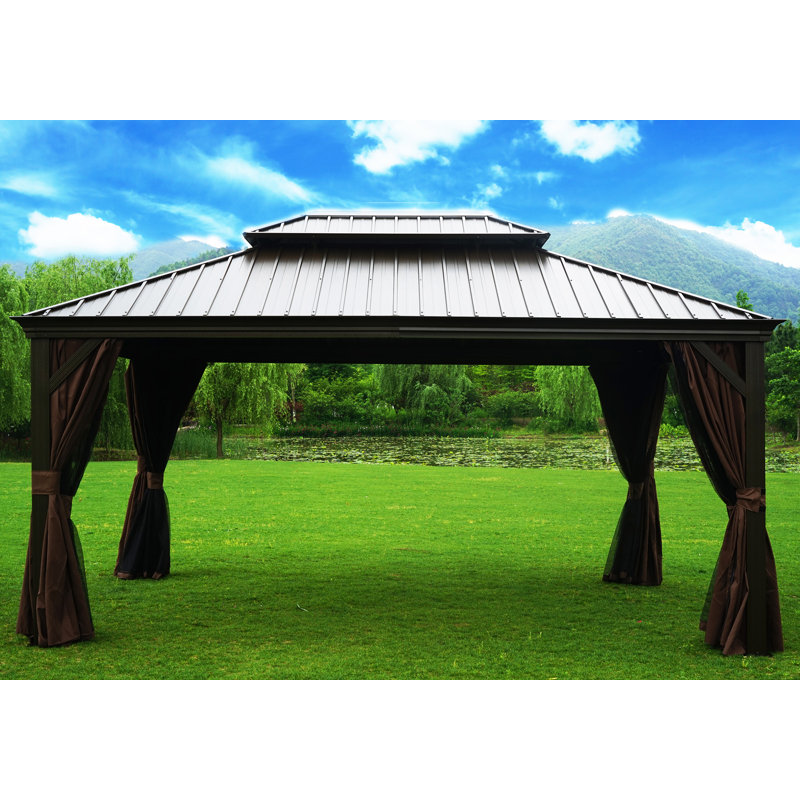 Pavillon de jardin brun foncé à toit rigide double avec rideau et moustiquaire Alexander, 12 pi x 16 pi