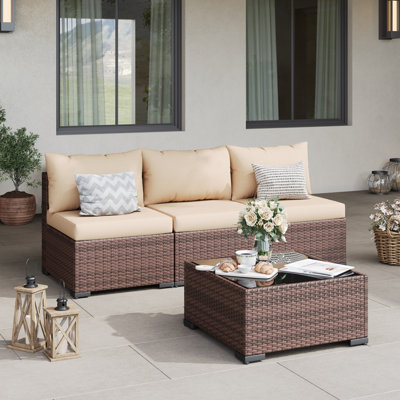 3-Person Outdoor Wicker Conversation Set with Cushions and Coffee Table