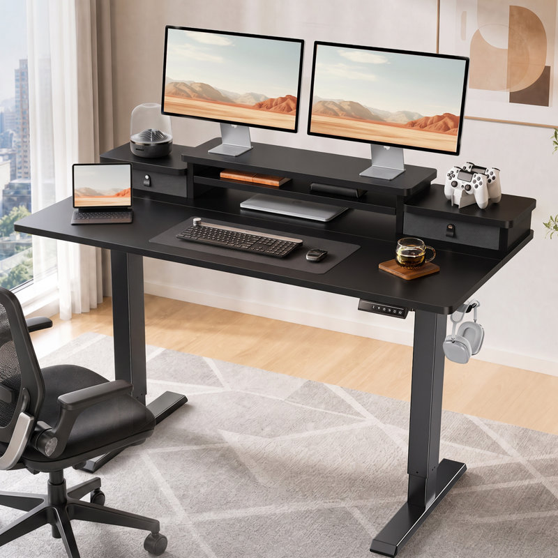 Bureau debout électrique réglable de 55 po avec tablette pour écran à deux niveaux, 4 préréglages de mémoire et 2 tiroirs - noir