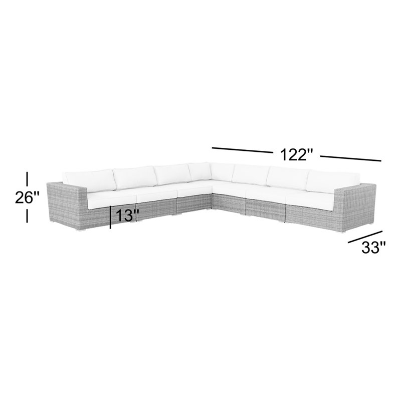 Foxtrot Fully Assembled 122'' Wide Outdoor Wicker Patio Sectional with Cushions, Olefin Gray Cushion/Brown Frame