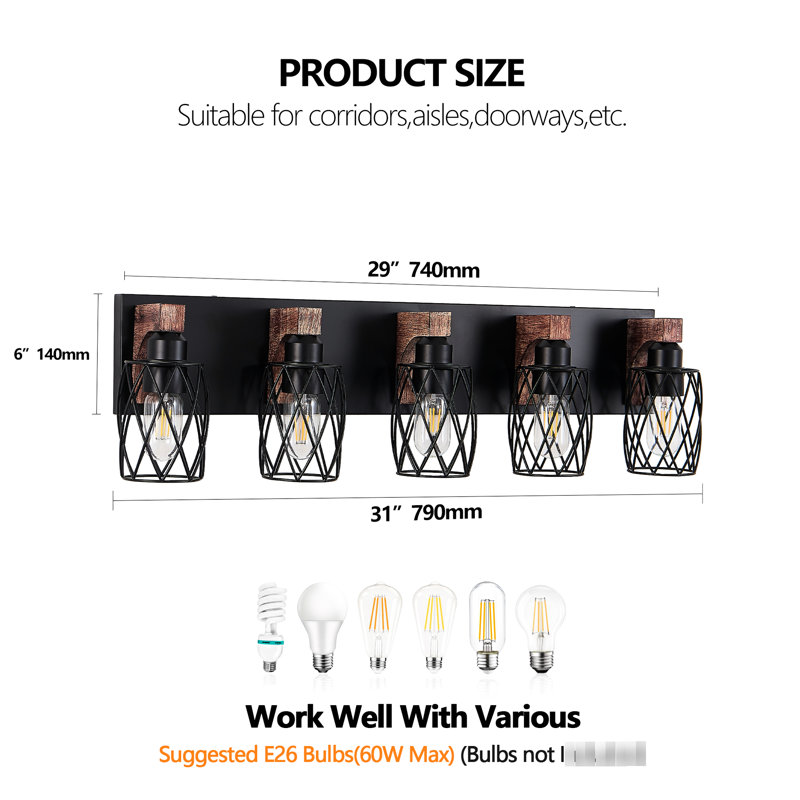Industrial Vintage 5 - Wall Sconce 31 Inches Long Black Cage Lighting With Rustic Wood For Bathroom, Hallway, Bedroom, Ideal Mirror Areas, Hard Wired, Compatible Led And Incandescent Bulbs Inch Metal