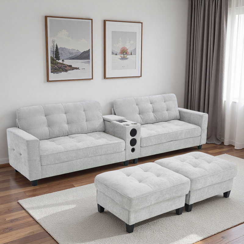 Modern U-shaped Sectional With Movable Storage Ottomans, Multifunctional Console, Bluetooth Speakers And Led Lights