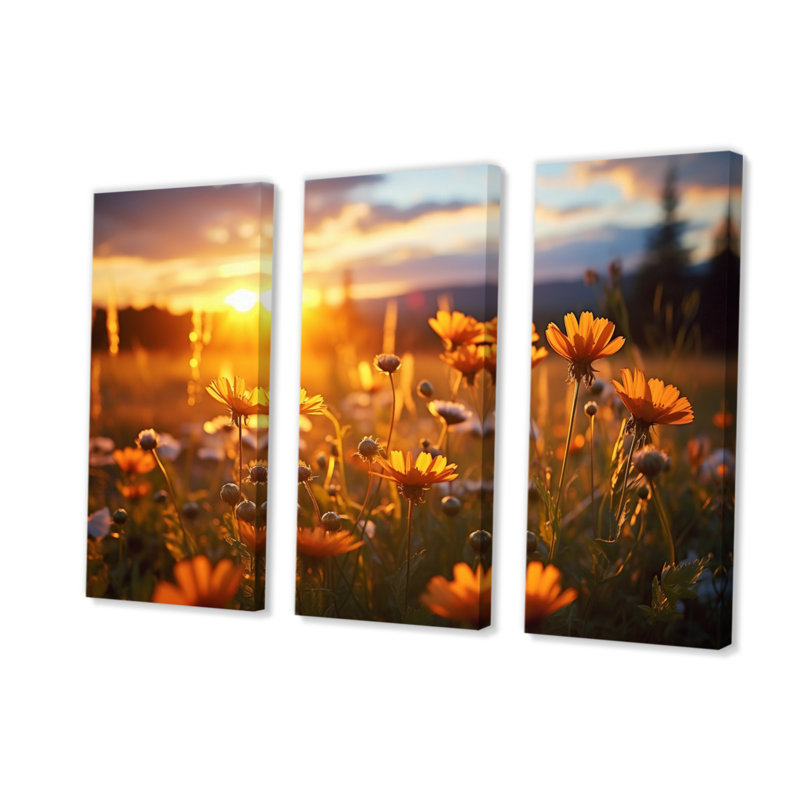 «Yellow Wildflowers Field with Sunset I» sur toile, reproduction de 3 pièces, H 28 po x l 36 po x P 1 po