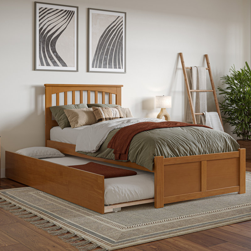 Mission Solid Wood Platform Bed with Panel Footboard and Roll Out Trundle, Extra-long Twin