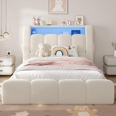 Twin Size Teddy Fleece Upholstered Platform Bed Frame with RGB LED Light Headboard, Built-in USB-C Charging Station & Side Storage Pocket, Cloud Bubble Soft Bed, No Box Spring Needed