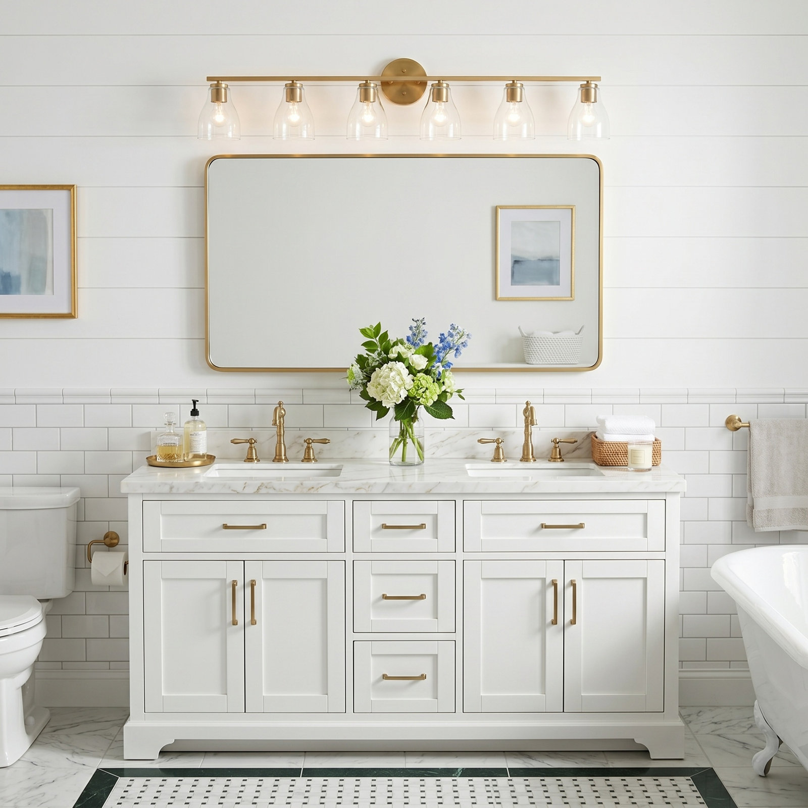 Keston Dimmable Vanity Light, 10" H x 49.5" W x 6.5" D, Brushed Brass, 6 Lights