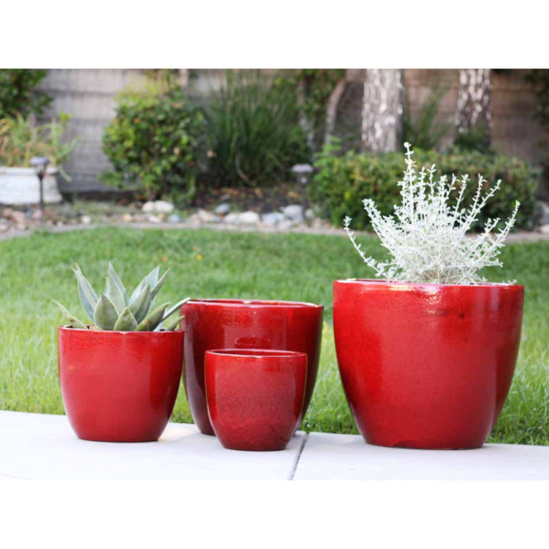 Pots en terre cuite émaillée Coco, grand format, ensemble de 4 - Intérieur/Extérieur, Ensemble de 4, Mirage vert