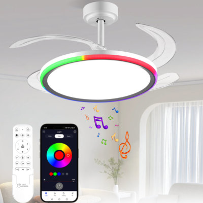  42-inch Smart Retractable Ceiling Fan Light Breathtaking lighting effects, full-colour RGB dimming strip with memory function, Bluetooth speaker, and convenient control via app or remote. Features a 6-speed reversible fan for quiet