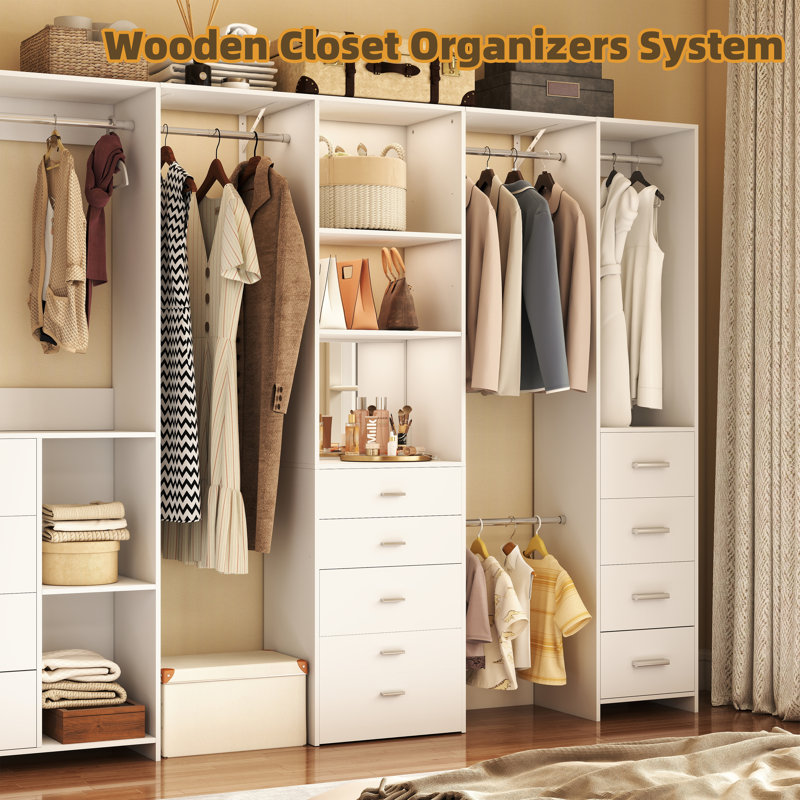 Tour réglable réglable pour garde-robe de 73 po avec tiroirs, tablettes et tiges de suspension extensibles, système de garde-robe ouvert pour espaces de 28,46 à 60,86 po, blanc