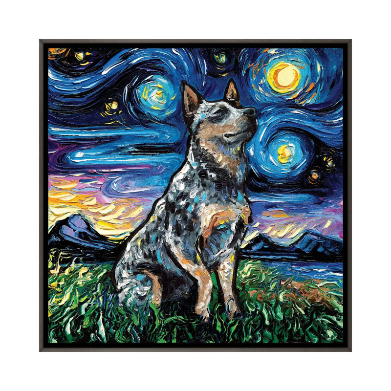 « Blue Heeler Night » par aja Trèves, reproduction d’art, H 37 po x l 37 po x P 1,5 po, Cadre en bois rustique foncé