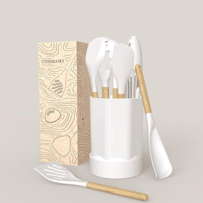 12 Pcs Silicone Cooking Utensil Set,non-stick Kitchen Utensils Set Wooden Handle,heat Resistant,cream White