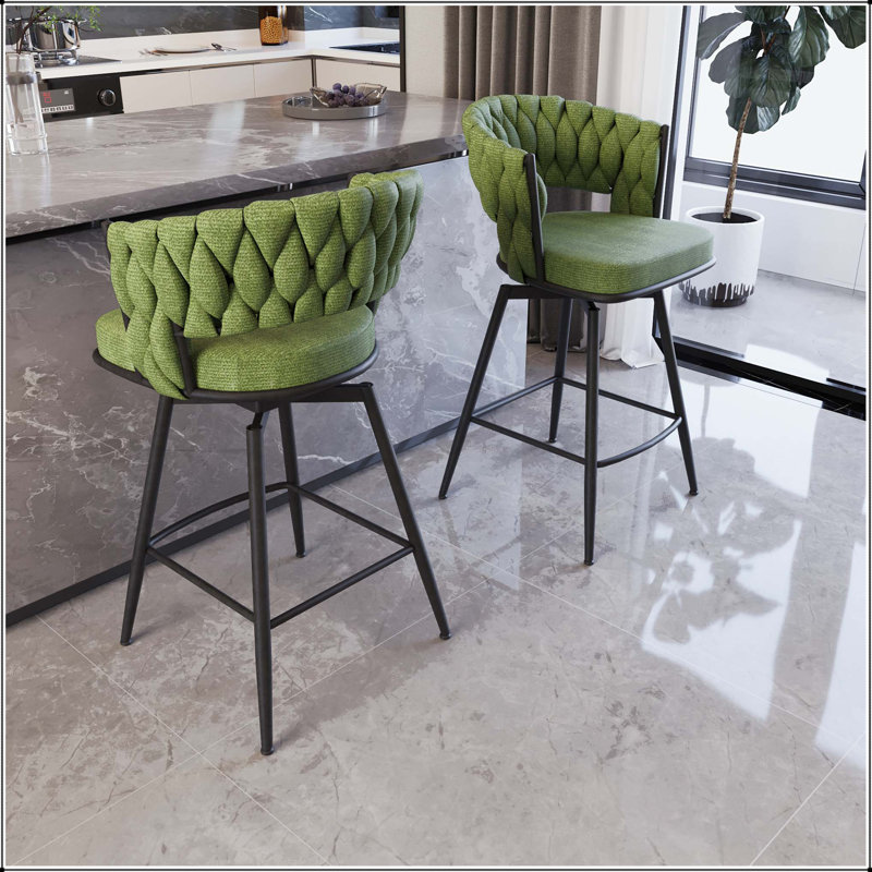 26 tabouret de bar rotatif tissé en lin - Pieds en métal noir avec tissu vert, Vert