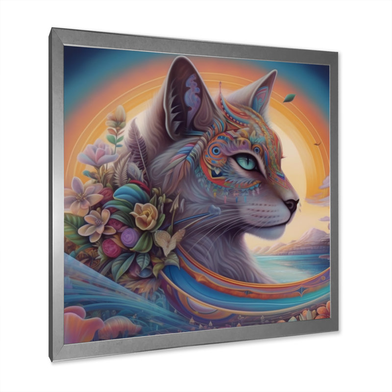 «Magical Rainbow Cat With Flowers I», reproduction sur toile, H 24 po x l 24 po x P 1 po, Cadre simple argenté
