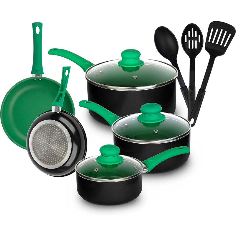 Green 11-Piece Aluminum Nonstick Cookware Set with Glass Lids