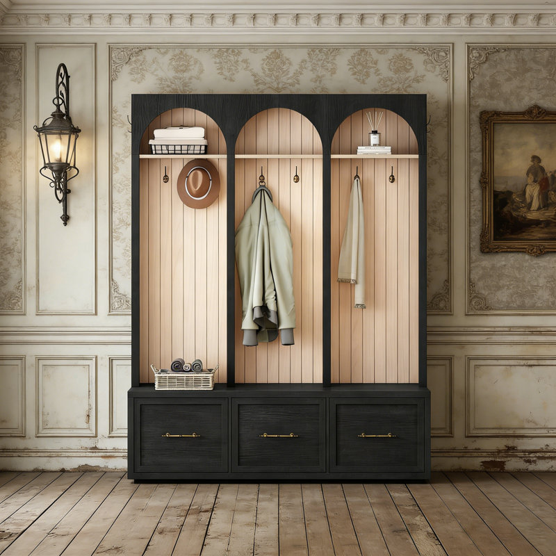 Farmhouse Wooden Arched Foyer Tree - Entrance Bench With 8 Hooks, Suitable For Living Room, Black