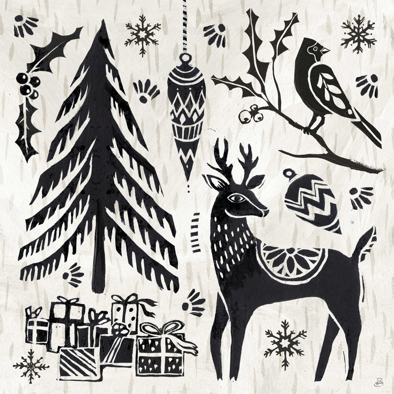 «Woodcut Christmas V» - Impression sur toile tendue, H 36 po x l 36 po, Toile avec cadre argenté, No