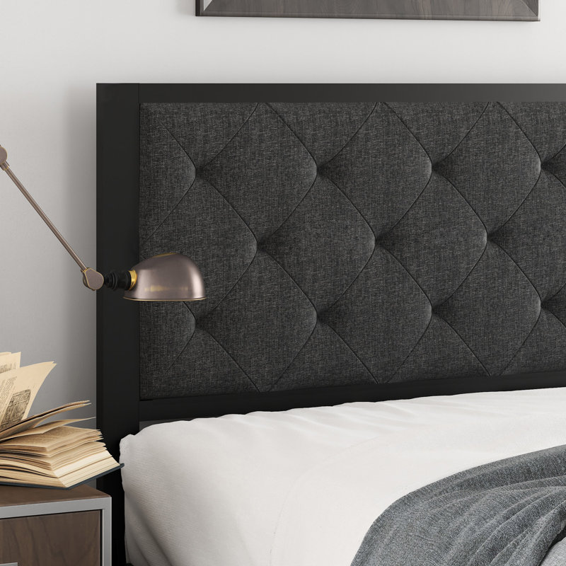 Toms Metal Platform Bed Frame with Linen Upholstered Headboard, King