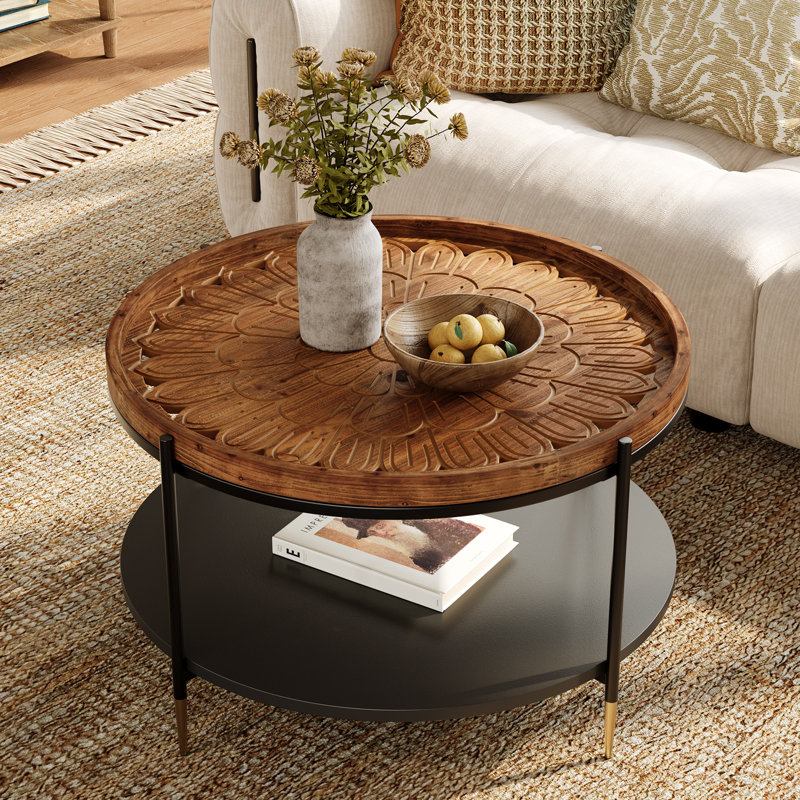 31.5-Inch Solid Wood Round Coffee Table, Boho Living Room Coffee Tea Table with Metal Storage & Carved Floral Pattern
